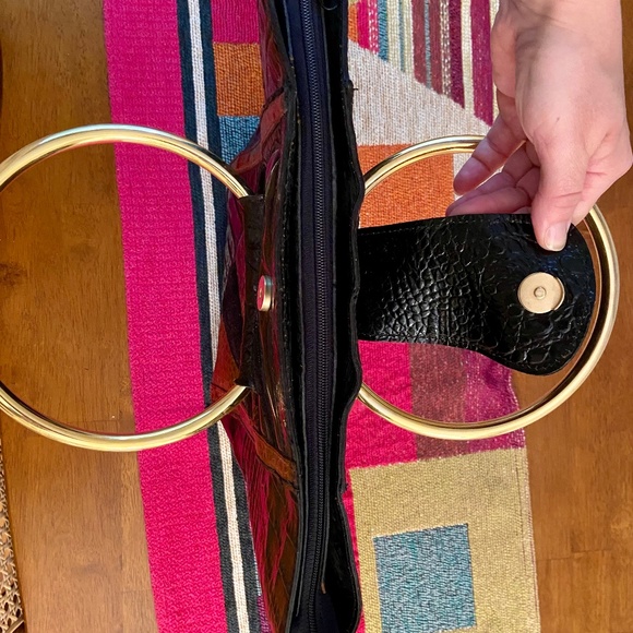 Vintage Faux Croc Handbag Gold Ring Handles - Picture 7 of 9